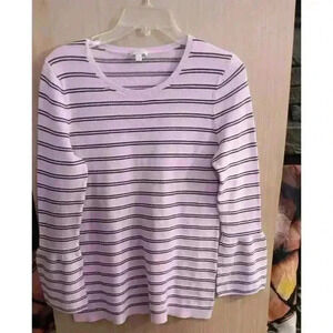 TALBOTS (M) Women's Pink/Black Stripe Pullover Knit Sweater Bell 3/4 Sleeve‎
